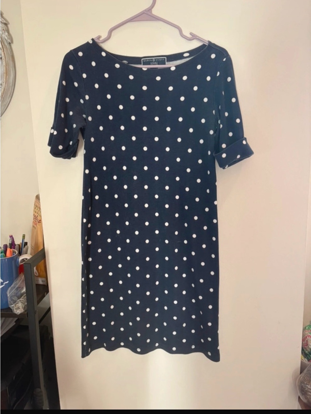 Karen Scott Navy and White Polka Dot Midi Dress